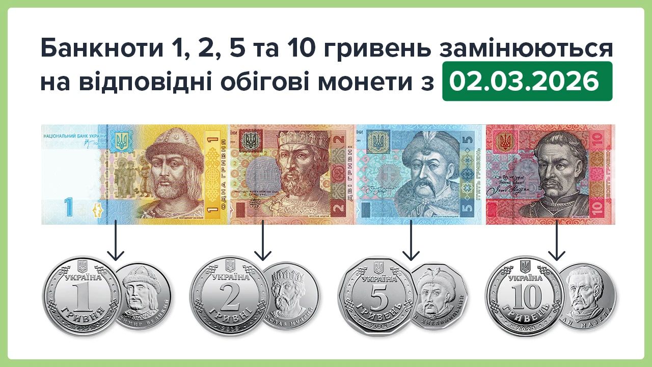 «старые» банкноты 1, 2, 5, 10 гривен становятся недействительными.